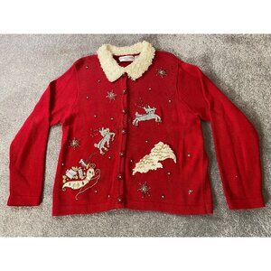 Victoria Jones Red Christmas Cardigan Sweater Sherpa Collar Beads Medium Petite